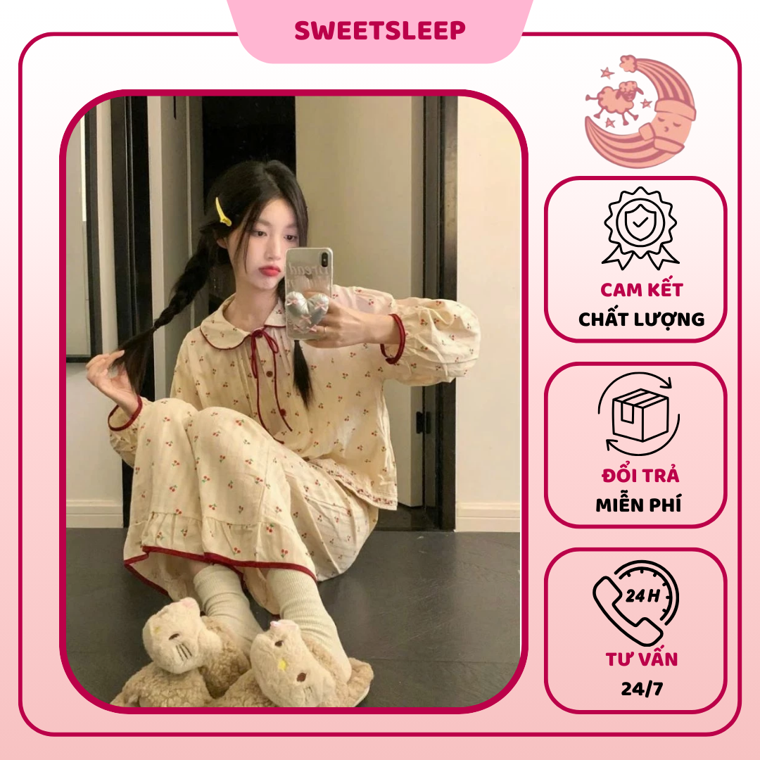 SÉT BỘ PYJAMA DÀI SEN HÌNH CHẤT ĐŨI MỀM MÁI