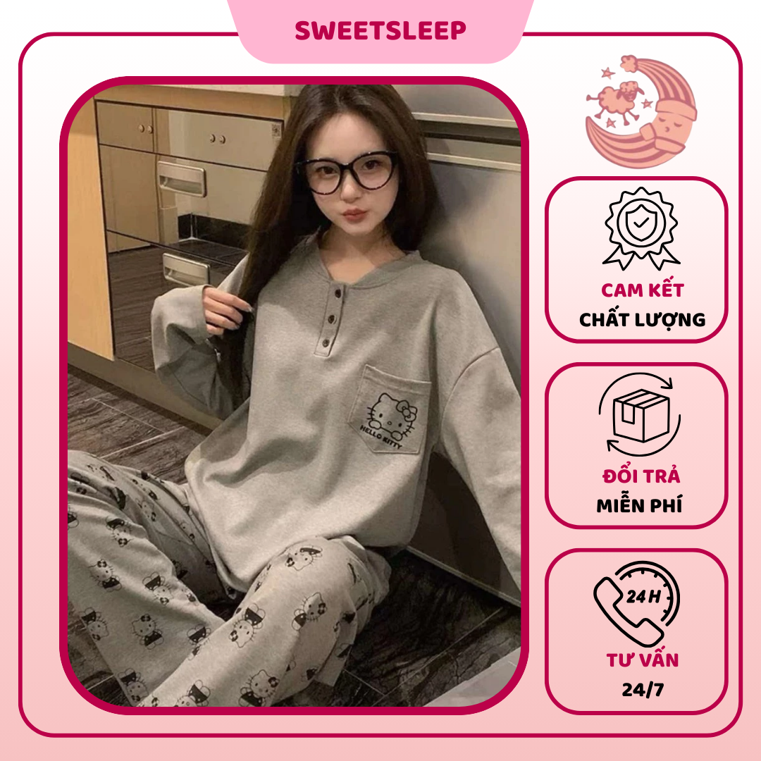 Sét bộ nỉ kitty,bộ đồ ngủ thu đông SWEETSLEEP dài tay áo nỉ cúc phối túi kitty kèm quần ống rộng họa tiết dễ thương