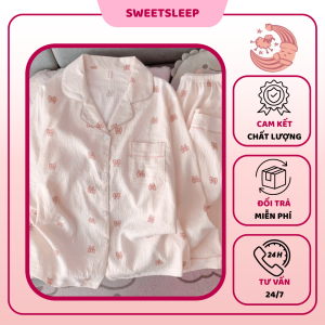 Bộ Đồ Ngủ Nữ SWEETSLEEP Mây Cotton Nơ Hồng Quần Dài Tay Hoạt Tiết Đáng Yêu Nhập Khẩu