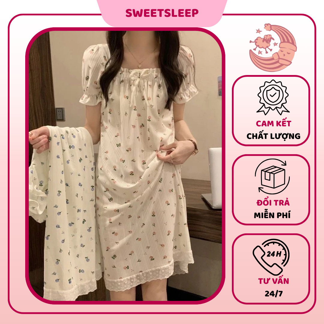 Váy ngủ hai dây SWEETSLEEP, đầm ngủ thun cotton hoạt hình mềm không có đệm ngực dễ thương