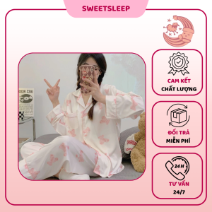 Bộ đồ ngủ lụa gấu hồng, Bộ đồ ngủ dài tay thu đông, Bộ đồ ngủ đẹp