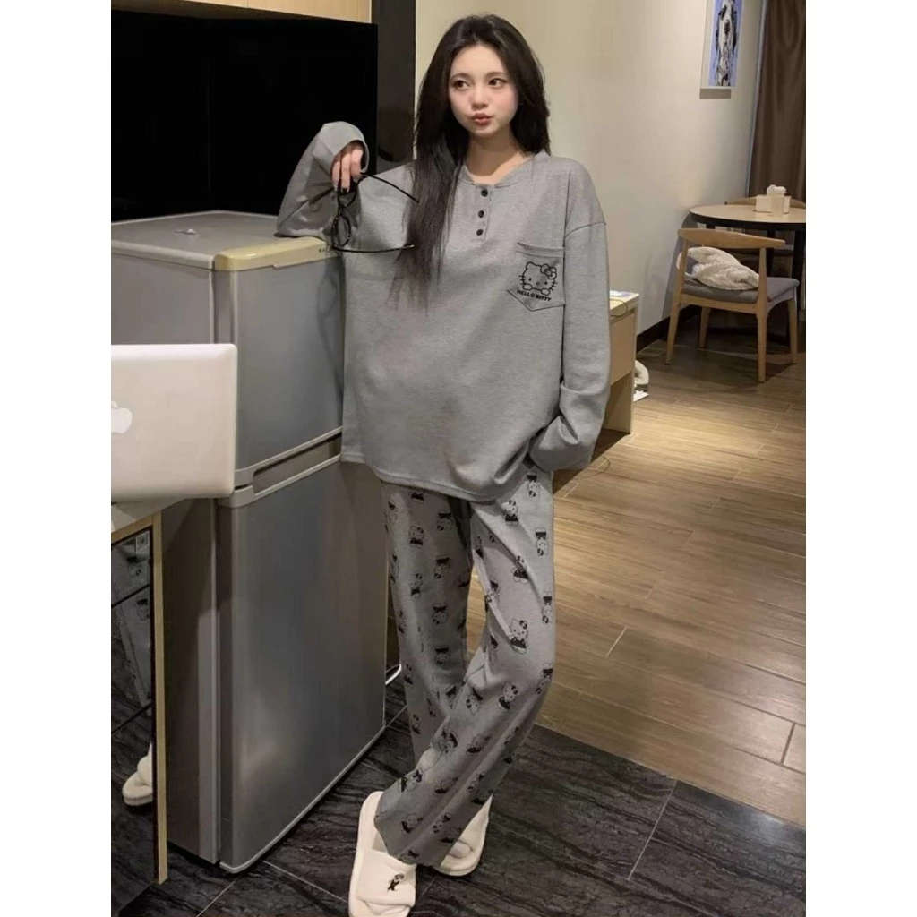 Sét bộ nỉ kitty,bộ đồ ngủ thu đông SWEETSLEEP dài tay áo nỉ cúc phối túi kitty kèm quần ống rộng họa tiết dễ thương - Image 4